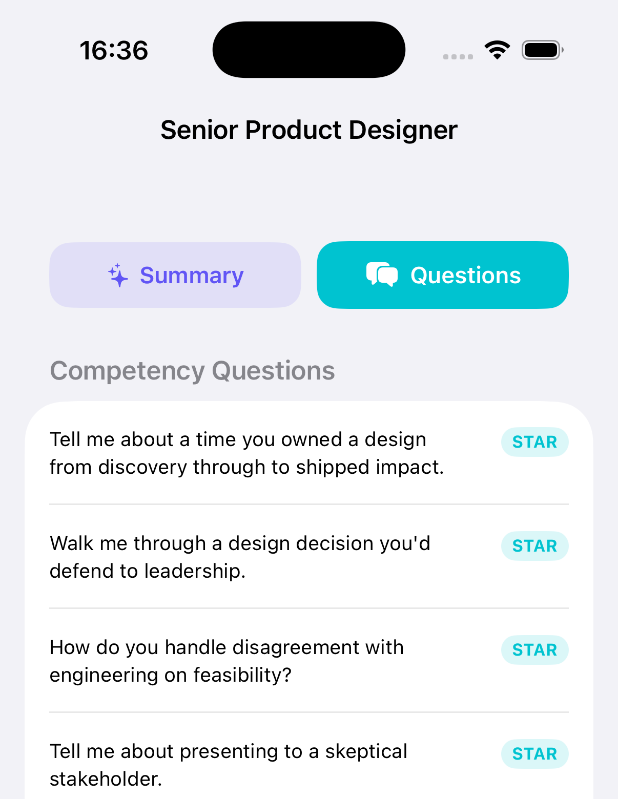 Your Role screen showing five tailored STAR competency questions for a Senior Product Designer role.